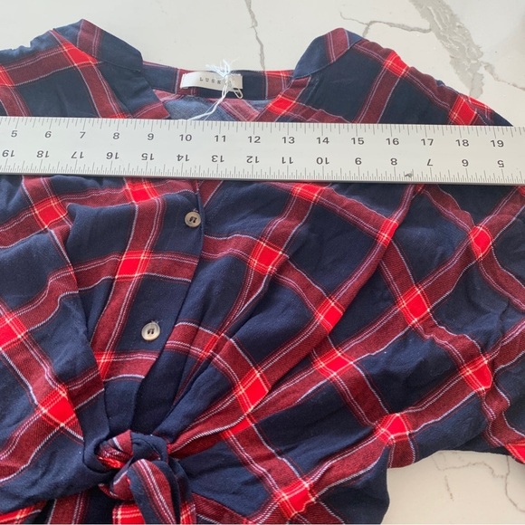 Navy Red Plaid Check Tie-Front Shirt Dress - Picture 6 of 12